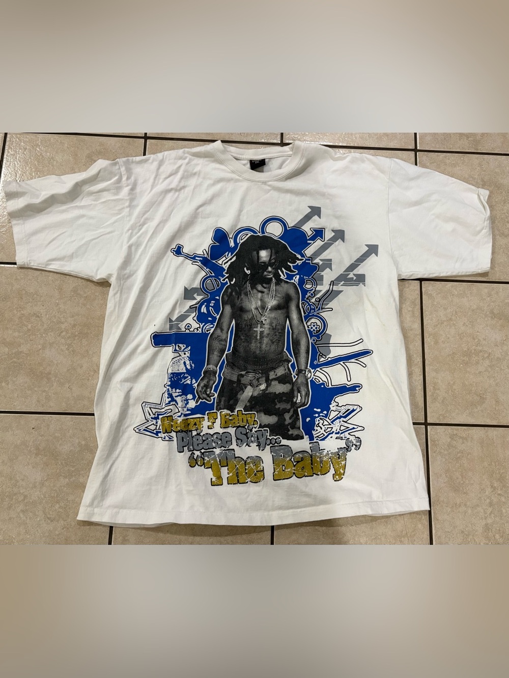 Y2K Lil Wayne Graphic White Tee with Blue & Gray Hip-Hop Design 2XL